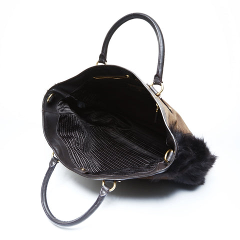 PRADA Canvas Jacquard Logo Fur 2way Tote Bag Brown WS24995