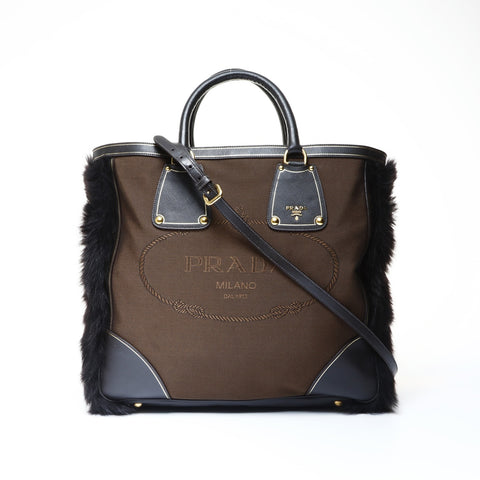 PRADA Canvas Jacquard Logo Fur 2way Tote Bag Brown WS24995