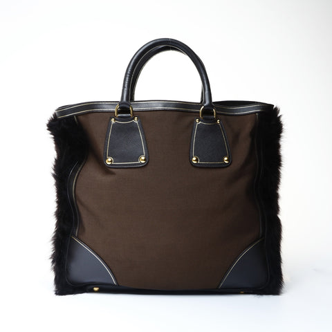 PRADA Canvas Jacquard Logo Fur 2way Tote Bag Brown WS24995