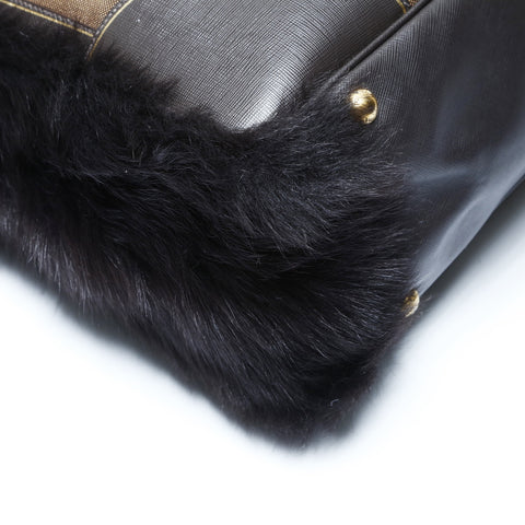 PRADA Canvas Jacquard Logo Fur 2way Tote Bag Brown WS24995