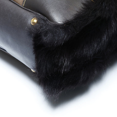 PRADA Canvas Jacquard Logo Fur 2way Tote Bag Brown WS24995