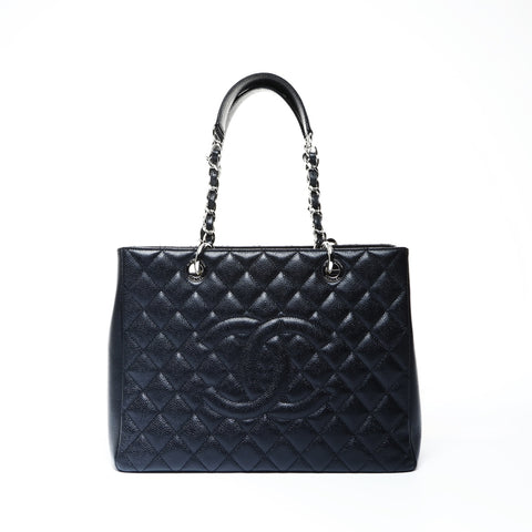 CHANEL 10 Series 2005-2006 GST Caviar Skin Silver Metal Large COCO Mark Matelasse Shoulder Bag Tote Bag black WS25000