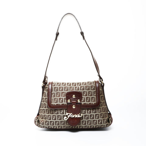 FENDI Zucchino canvas one belt Shoulder Bag Brown WS25028