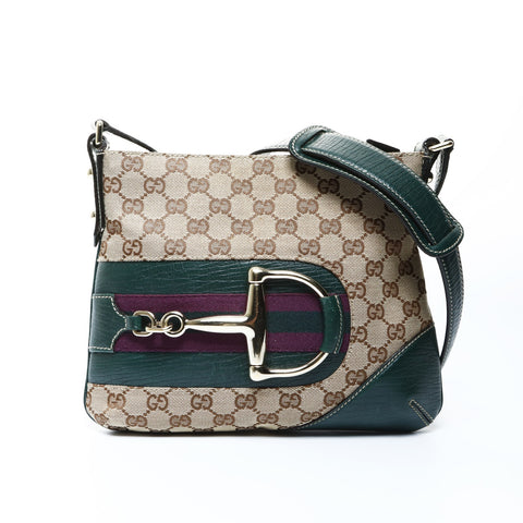 GUCCI GG canvas leather green horsebit Shoulder Bag Brown gray WS25036