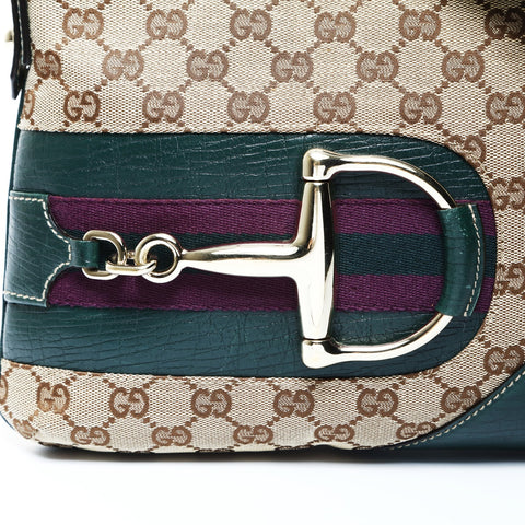 GUCCI GG canvas leather green horsebit Shoulder Bag Brown gray WS25036
