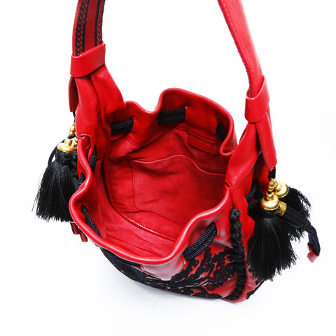 Christian Dior Embroidered Leather Hobo Basket Shoulder Bag Red WS25058