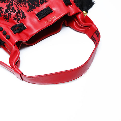 Christian Dior Embroidered Leather Hobo Basket Shoulder Bag Red WS25058