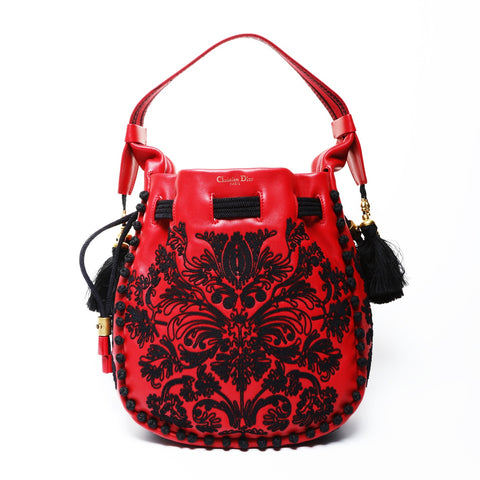 Christian Dior Embroidered Leather Hobo Basket Shoulder Bag Red WS25058
