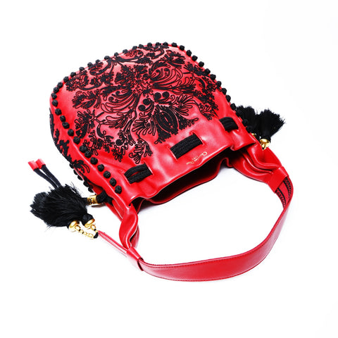 Christian Dior Embroidered Leather Hobo Basket Shoulder Bag Red WS25058