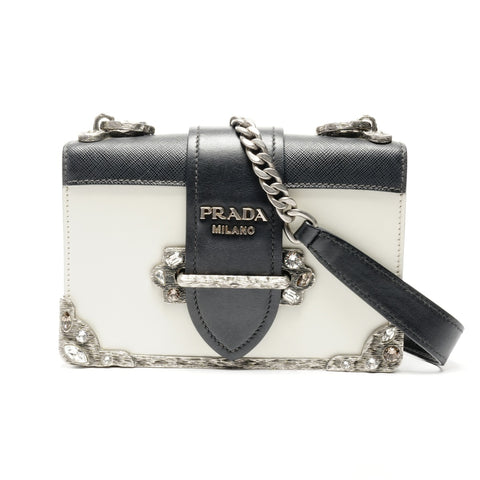 PRADA Cahier Leather Shoulder Bag Black White WS25077