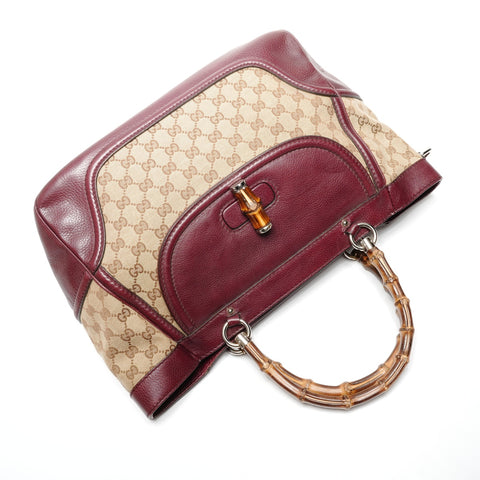 GUCCI Leather GG Canvas Bamboo Tote Bag Red WS25126