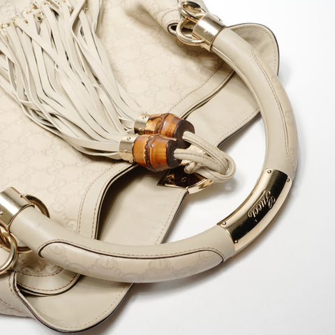 GUCCI Cream Bamboo Leather GG Supreme Hobo One Belt Shoulder Bag beige WS25127