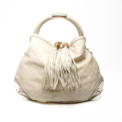 GUCCI Cream Bamboo Leather GG Supreme Hobo One Belt Shoulder Bag beige WS25127