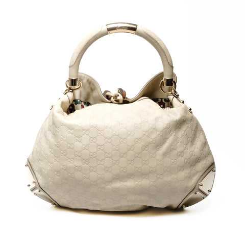 GUCCI Cream Bamboo Leather GG Supreme Hobo One Belt Shoulder Bag beige WS25127