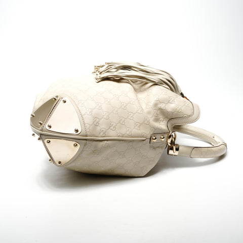 GUCCI Cream Bamboo Leather GG Supreme Hobo One Belt Shoulder Bag beige WS25127