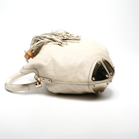 GUCCI Cream Bamboo Leather GG Supreme Hobo One Belt Shoulder Bag beige WS25127