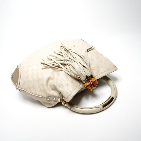 GUCCI Cream Bamboo Leather GG Supreme Hobo One Belt Shoulder Bag beige WS25127