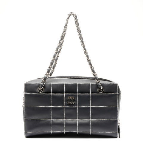 CHANEL No. 7 2002-2003 Leather Wild Stitch Chocolate Bar Shoulder Bag black WS25144