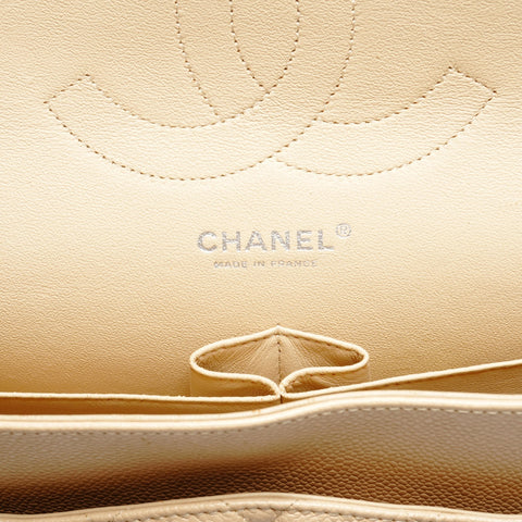 CHANEL 15th Series 2011 Caviar Skin Double Flap Matelasse 11.8" Silver Metal Shoulder Bag beige WS25287