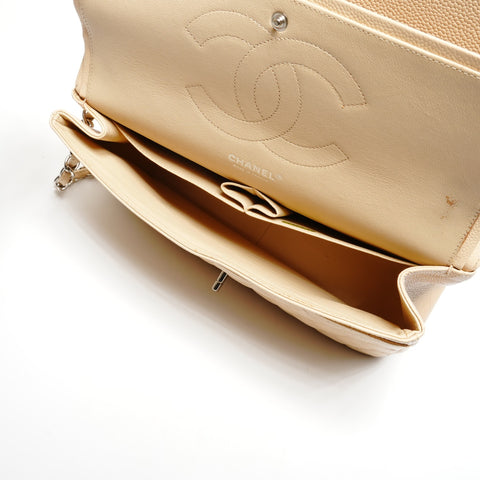 CHANEL 15th Series 2011 Caviar Skin Double Flap Matelasse 11.8" Silver Metal Shoulder Bag beige WS25287