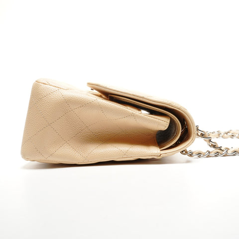 CHANEL 15th Series 2011 Caviar Skin Double Flap Matelasse 11.8" Silver Metal Shoulder Bag beige WS25287