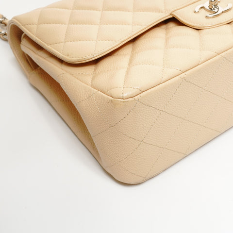 CHANEL 15th Series 2011 Caviar Skin Double Flap Matelasse 11.8" Silver Metal Shoulder Bag beige WS25287