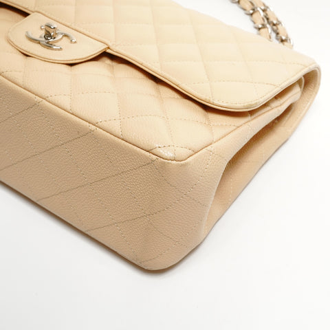CHANEL 15th Series 2011 Caviar Skin Double Flap Matelasse 11.8" Silver Metal Shoulder Bag beige WS25287