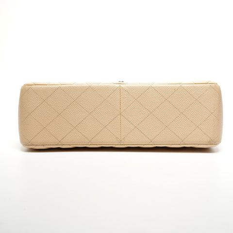 CHANEL 15th Series 2011 Caviar Skin Double Flap Matelasse 11.8" Silver Metal Shoulder Bag beige WS25287