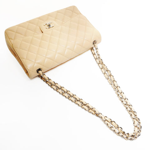 CHANEL 15th Series 2011 Caviar Skin Double Flap Matelasse 11.8" Silver Metal Shoulder Bag beige WS25287