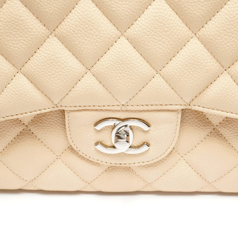 CHANEL 15th Series 2011 Caviar Skin Double Flap Matelasse 11.8" Silver Metal Shoulder Bag beige WS25287