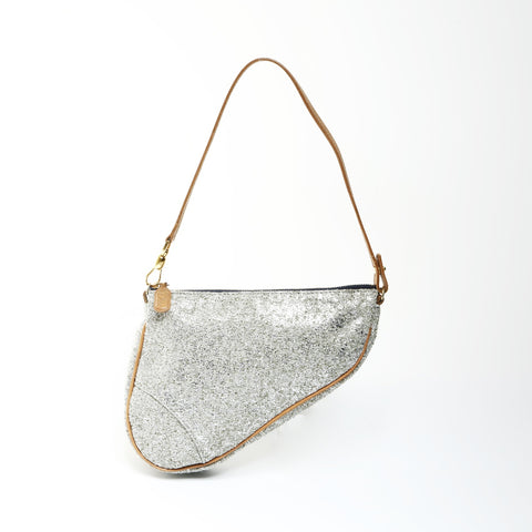 Christian Dior Saddlebag pouch with glitter Shoulder Bag Silver WS25297