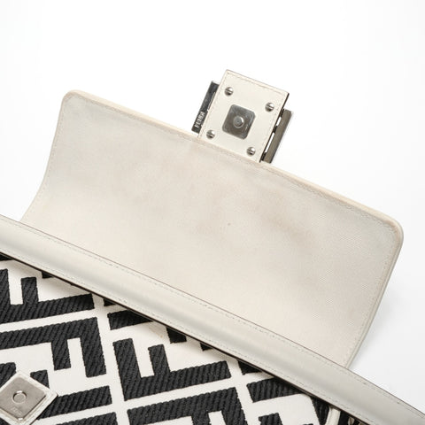 FENDI FF Jacquard Fabric Bucket Canvas 2way Handbag White black WS25314