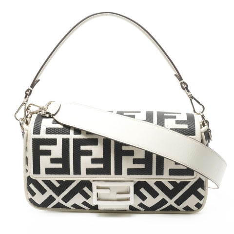 FENDI FF Jacquard Fabric Bucket Canvas 2way Handbag White black WS25314