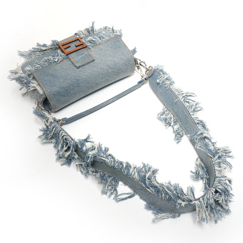 FENDI BAGUETTE REGULA Denim Fringe Bucket Bag 2-way Handbag blue WS25338
