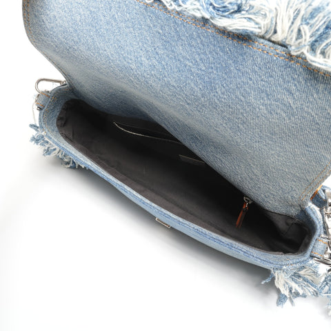 FENDI BAGUETTE REGULA Denim Fringe Bucket Bag 2-way Handbag blue WS25338