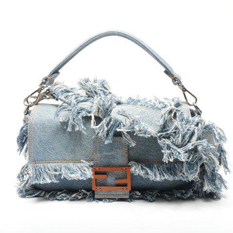 FENDI BAGUETTE REGULA Denim Fringe Bucket Bag 2-way Handbag blue WS25338