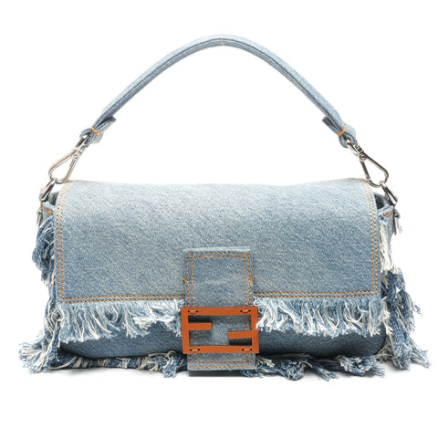 FENDI BAGUETTE REGULA Denim Fringe Bucket Bag 2-way Handbag blue WS25338