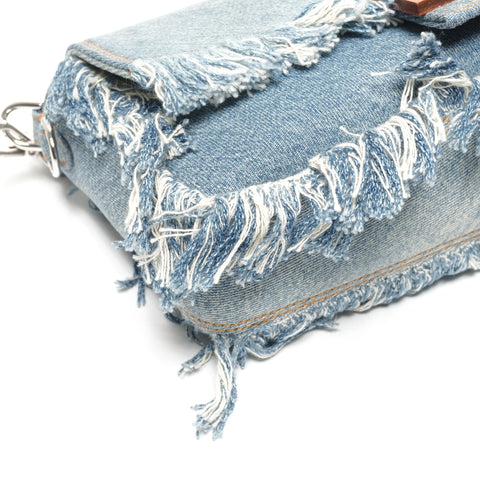 FENDI BAGUETTE REGULA Denim Fringe Bucket Bag 2-way Handbag blue WS25338