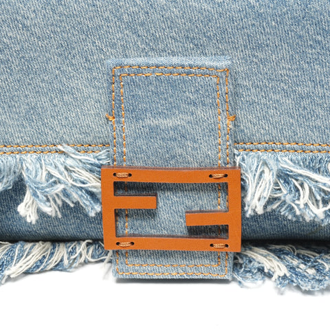 FENDI BAGUETTE REGULA Denim Fringe Bucket Bag 2-way Handbag blue WS25338