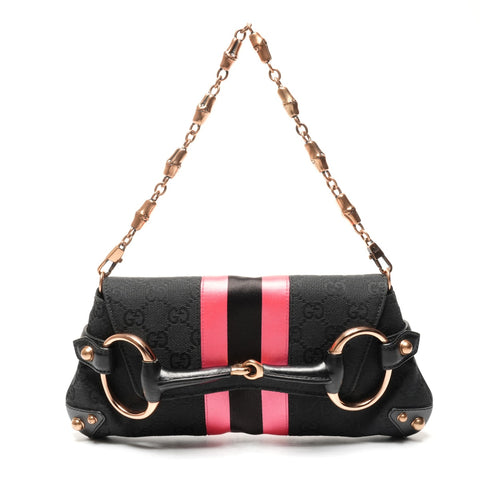 GUCCI Horsebit GG Canvas Pink Mini One Belt Shoulder Bag Black pink WS25339