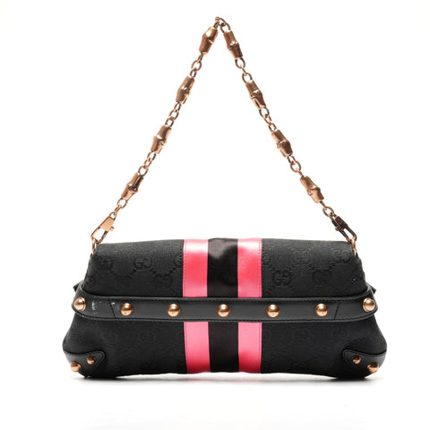 GUCCI Horsebit GG Canvas Pink Mini One Belt Shoulder Bag Black pink WS25339