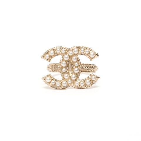 CHANEL A16V #11COCO Mark Rhinestone Pearl Ring gold WS25352