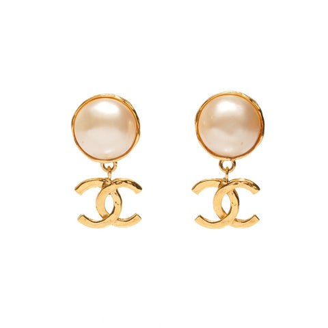 CHANEL 93A 1993 COCO Mark Pearl Drop Earring gold WS25356