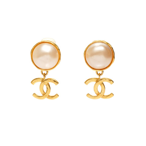 CHANEL 93P 1993 COCO Mark Pearl Drop Earring gold WS25357