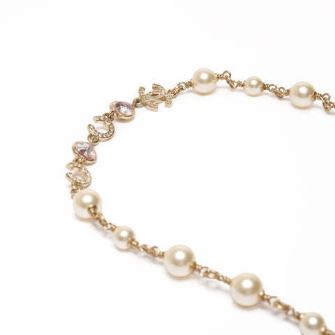 CHANEL B22B 2022 COCO Mark Rhinestone Pearl Heart Necklace gold WS25359