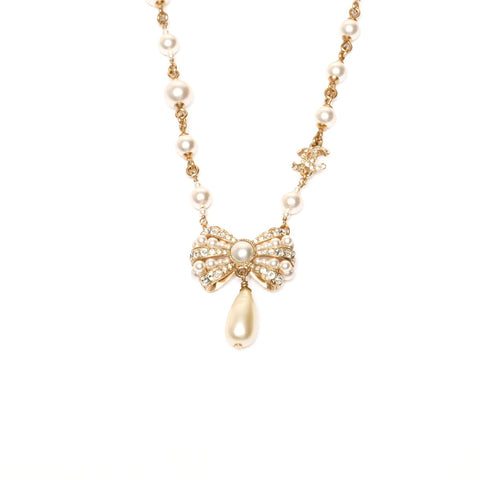 CHANEL A20S 2020 COCO Mark Ribbon Pearl Necklace gold WS25361