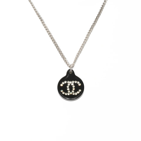 CHANEL 03A 2003 COCO Mark Black Circle Rhinestone Necklace Silver WS25363
