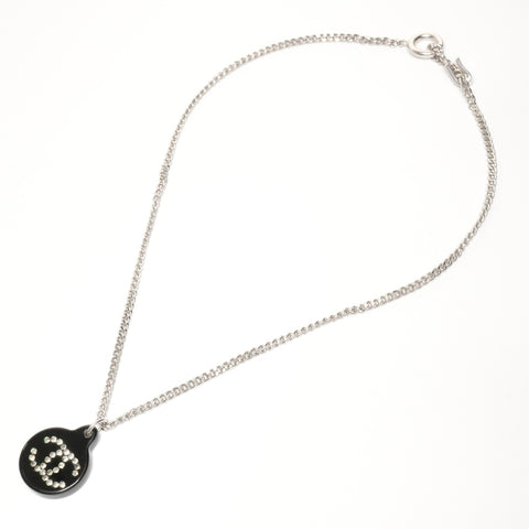 CHANEL 03A 2003 COCO Mark Black Circle Rhinestone Necklace Silver WS25363