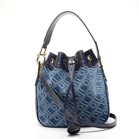 Salvatore Ferragamo Monogram Jacquard Mini Bucket 2way Shoulder Bag blue WS25375