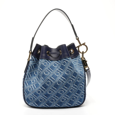 Salvatore Ferragamo Monogram Jacquard Mini Bucket 2way Shoulder Bag blue WS25375